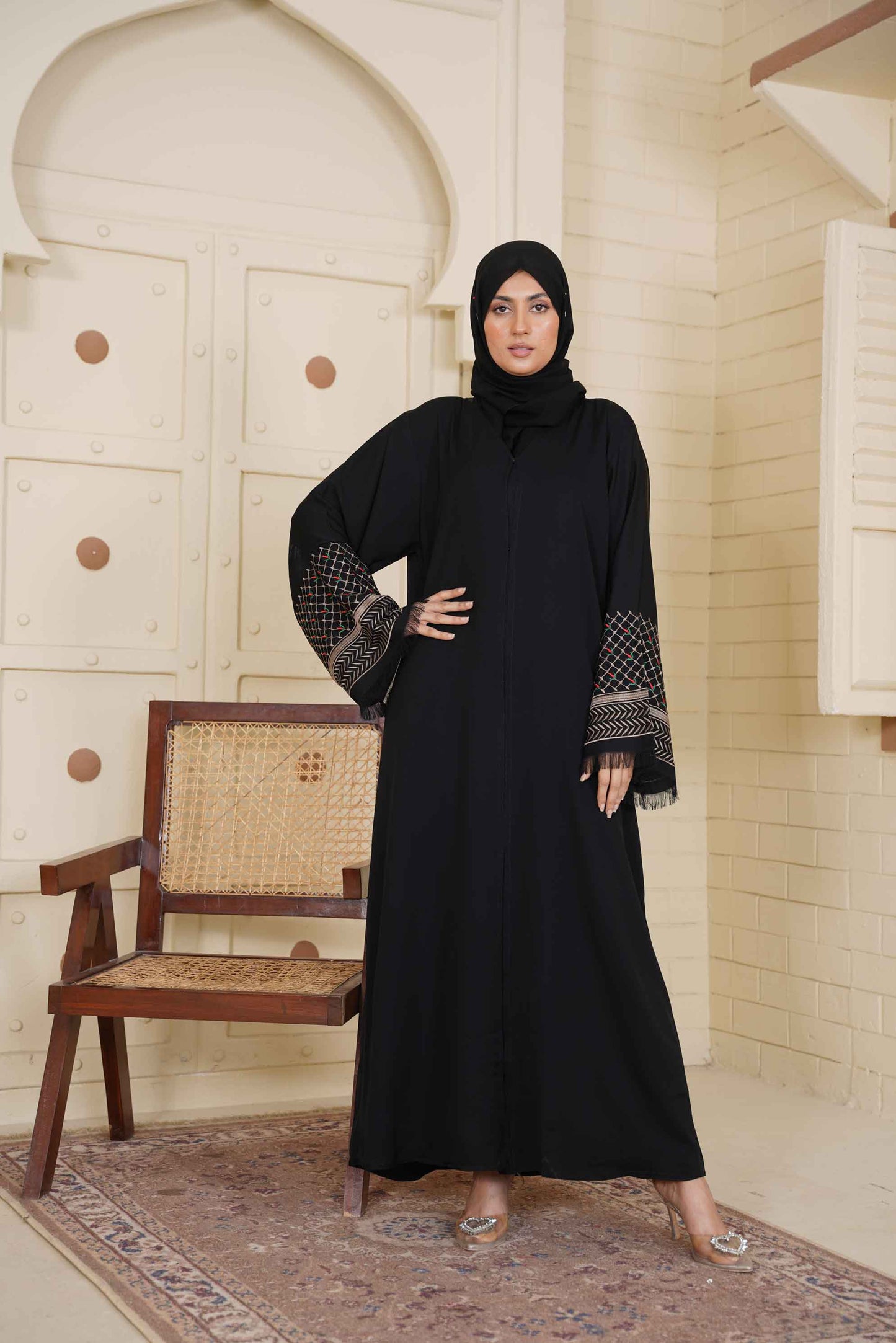 Black Embroidered Cuff Abaya