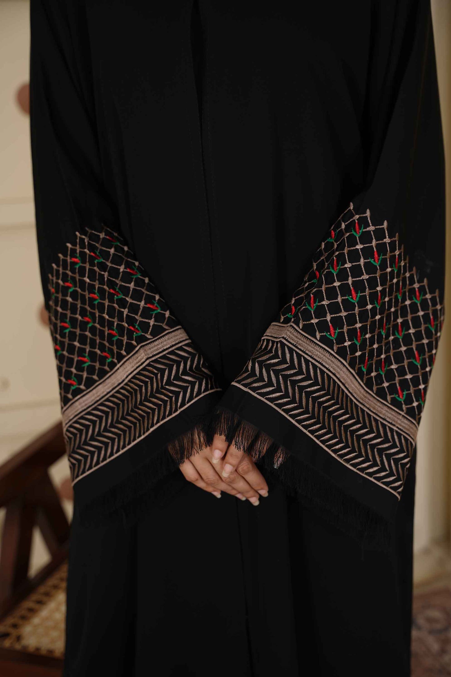 Black Embroidered Cuff Abaya